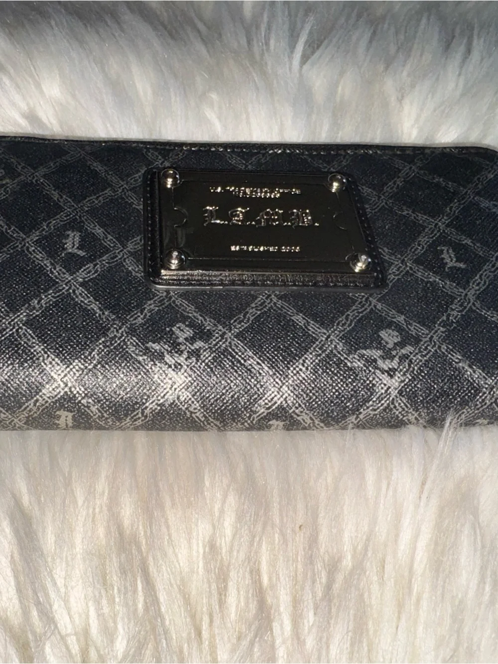 L.A.M.B. Black and Silver Monogram Zip Wallet